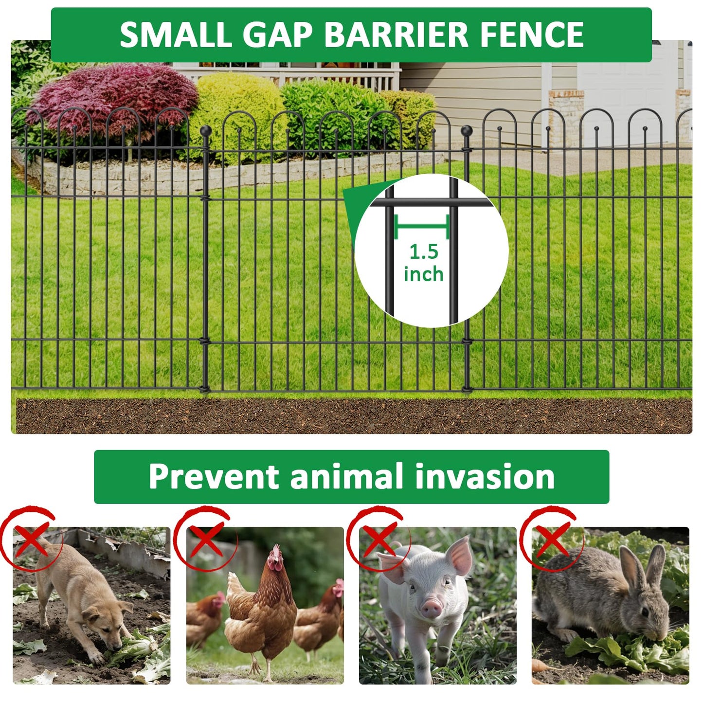 Garden Fence Animal Barrier with Gate, 32 in (H) x23.6ft (L) Decorative Garden Fence, 10 Panels No Dig, Rustproof Metal Temporary Fence, for Outdoor, Yard, Patio