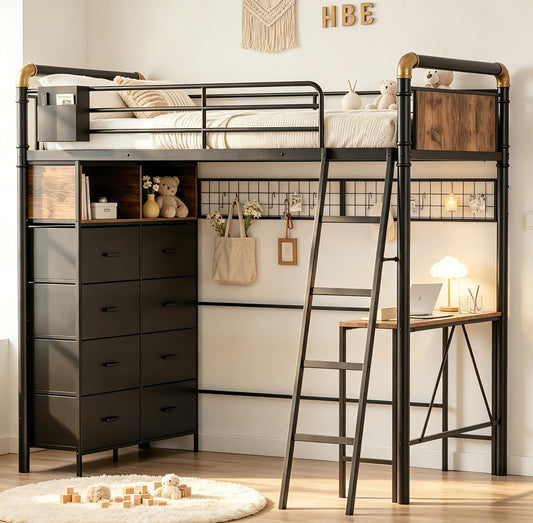 Mixcous Twin Loft Bed with Desk and Storage, 8 Drawers Metal Gaming Loft Bed Frame with USB Charging Station & Pegboard, No Box Spring Needed for Teens Adults, Black