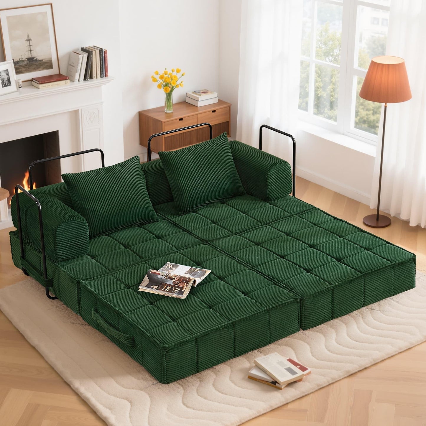 Korser 6-in-1 Convertible Sleeper Sofa Bed, Corduroy Folding Mattress Couch with Fixed-Shape Frame, Modular Foldable Boneless Couch, Loveseat Couches with 2 Pillows, for Living Room, Bedroom, Green