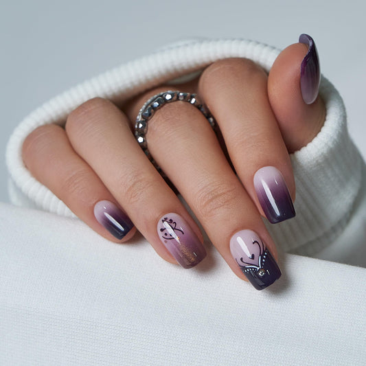 CurvLife Purple Ombre Press On Nails Medium for Women, Square Soft Gel Fake Nails, Nude to Dark Purple Gradient Glue On Nails Kit with Glitter & Rhinestone Design, Salon Quality