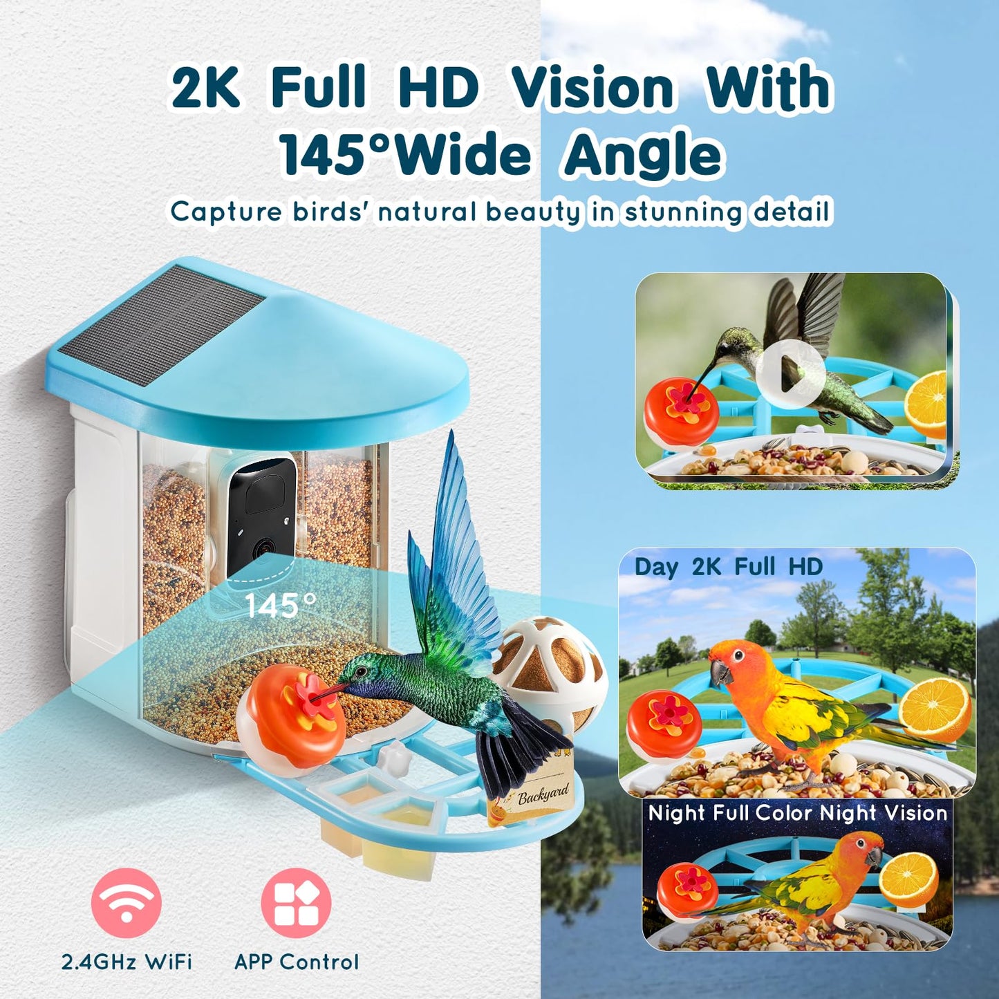 Happybuy Smart Bird Feeder with Camera, 2K HD AI to Identify Over 10000 Bird Species, Solar-Powered with 3 Panels, Auto Capture & Instant Notify for Outdoor Bird Watching, Ideal Gift for Bird Lovers