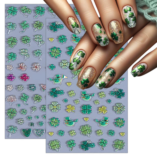 2 Sheets Irish Four-Leaf Clover Nail Art Stickers St. Patrick's 5D Self-Adhesive Embossed Green Shamrock Nail Decals Design Lucky of Irish Spring Leaf Nail Supplies for Women Nail Decoration