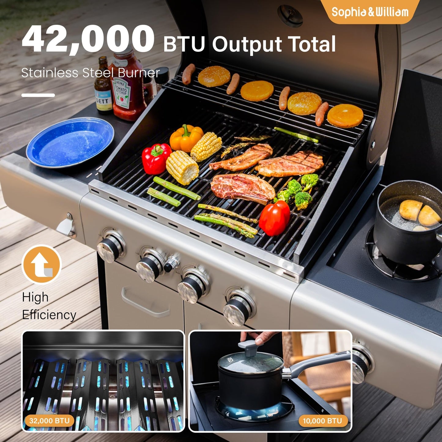Sophia & William 4-Burner Propane Gas BBQ Grill with Side Burner and Porcelain-Enameled Cast Iron Grates, Stainless Steel Barbecue Grills Outdoor Cooking, Silver Cabinet Style, 42,000BTU