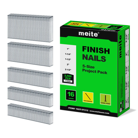 meite 16 Gauge Finish Nails 5 Sizes Assorted Set 2,500PCS Galvanized Straight Finish Nails for Pneumatic Cordless Finish Nailer on Crown Molding Cabinetry (1", 1-1/4", 1-1/2", 2", 2-1/2" Each 500PCS)
