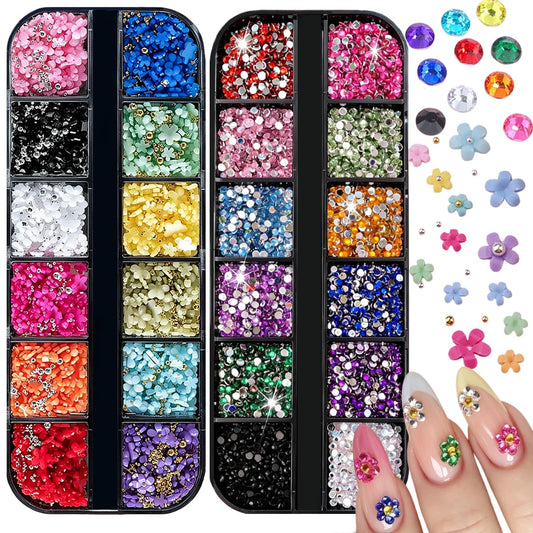 Small Resin Rhinestones for Nail Art, Colorful Rhinestone Flatback Bedazzling Gems, Flower Nail Rhinestones and Gems Crystals Charms for Women Manicure Decor 2Boxes