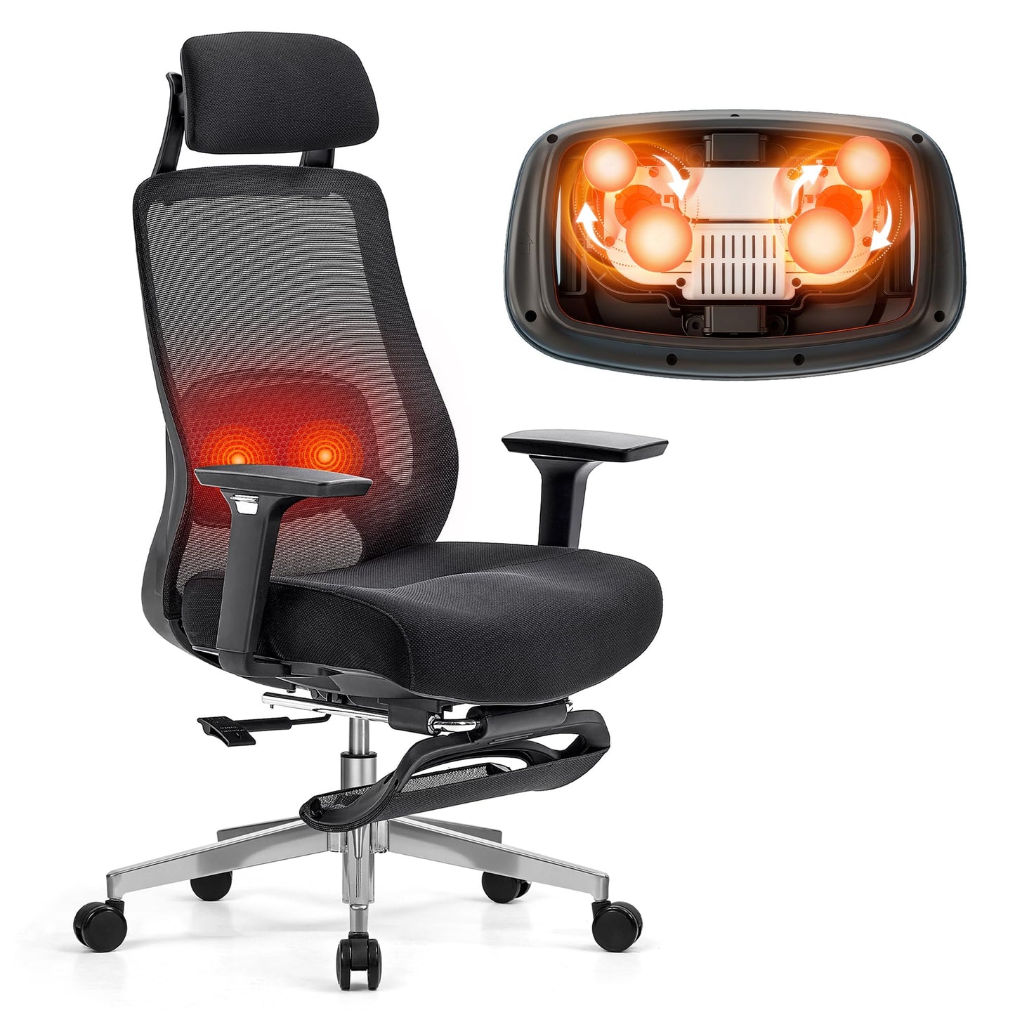 FLEXISPOT MasterEase Massage Office Chair with Footrest, High Back Ergonomic Desk Chair with Adjustable Headrest, 3D Armrests, 2D Lumbar Heated Massage, 4-Position Recline, Foam Seat, Black