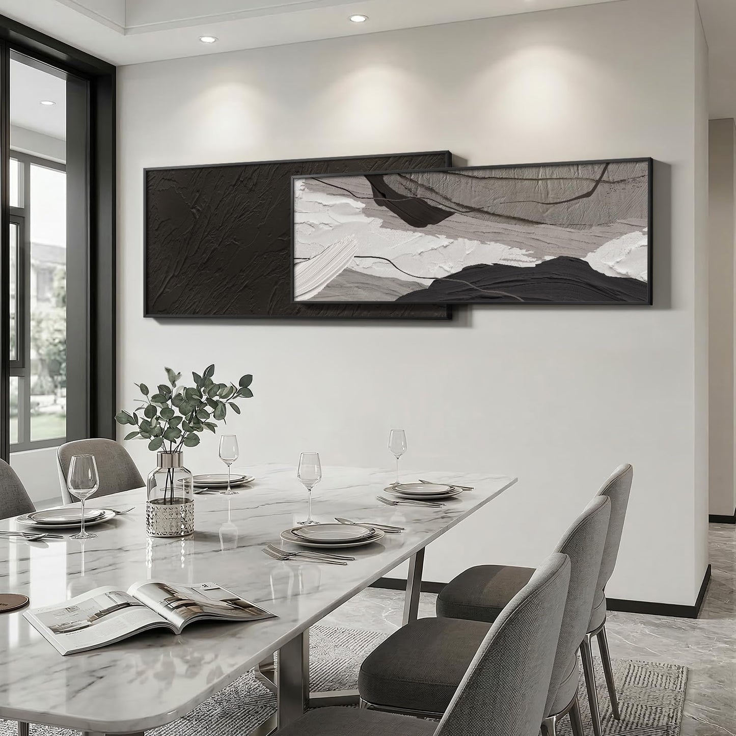 Extra Large Framed Black and White Abstract Wall Art for Living Room, Set of 2 Long Horizontal Modern Canvas Prints Paintings, Minimalist Gray Pictures for Bedroom Dining Room Office Wall Decor
