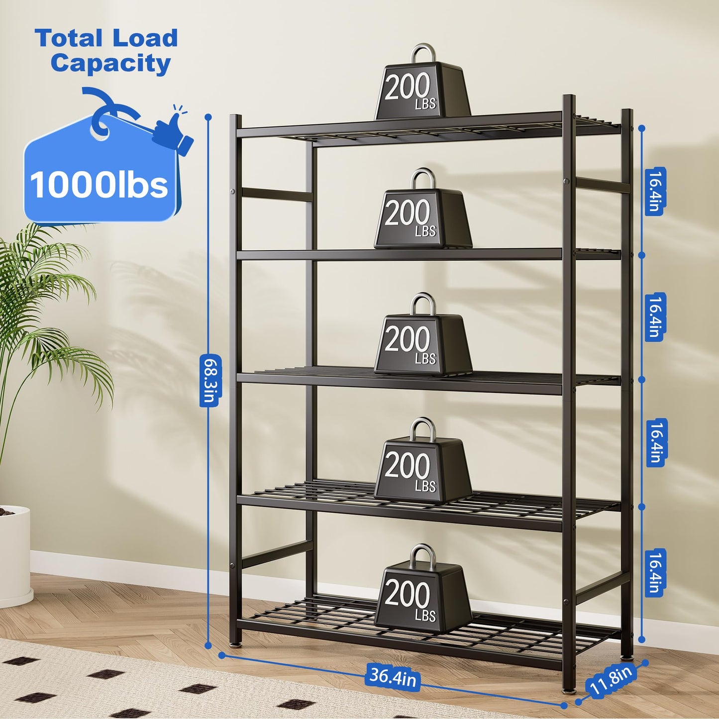 Tujurich Storage Shelves, 5-Tier Metal Shelving Unit with Adjustable Feet, Shelf Organizer for Garage, Kitchen, Pantry and Closet Organization, 36.4" x 11.8" x 68.3", Black