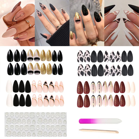 4 Packs (96 Pcs) Press on Nails Medium Gold & Black Almond Design, MMonesu Matte Fake Nails Glue on Nails Set with Adhesive Tabs Nail File for Women