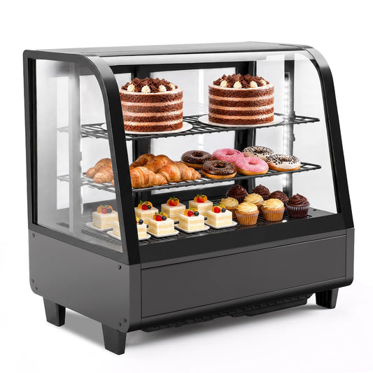 Tylza Commercial Refrigerator Display Case, 3.5 Cu.Ft/100L Countertop Refrigerated Showcase, White LED Lighting, Double Glass Door, 36-54°F, Auto Defrost for Bakery, Cafe, Store