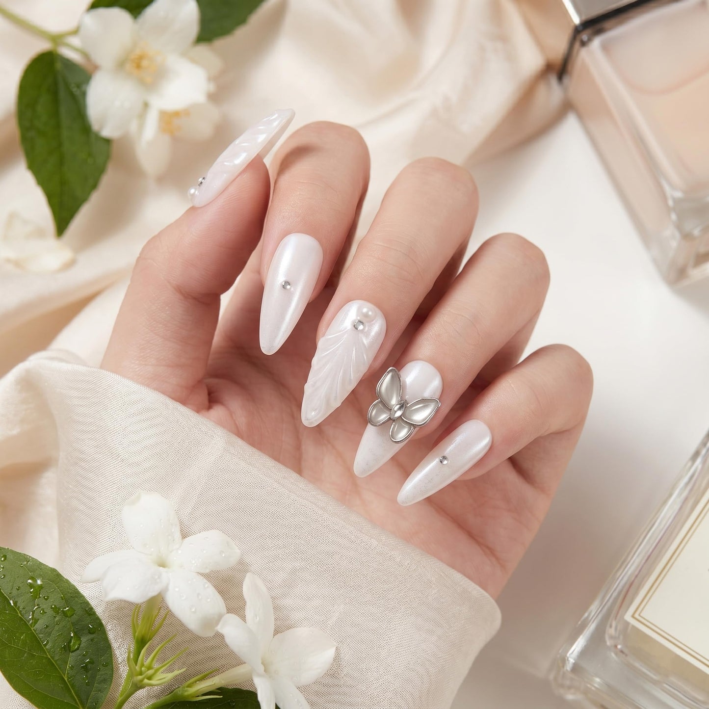 Sun&Beam Nails Handmade Press On Nails Long Stiletto Silver Glitter Butterfly Pearl Shimmer 10 Pieces for Everyday Wear and Special Occasions (#020 M)