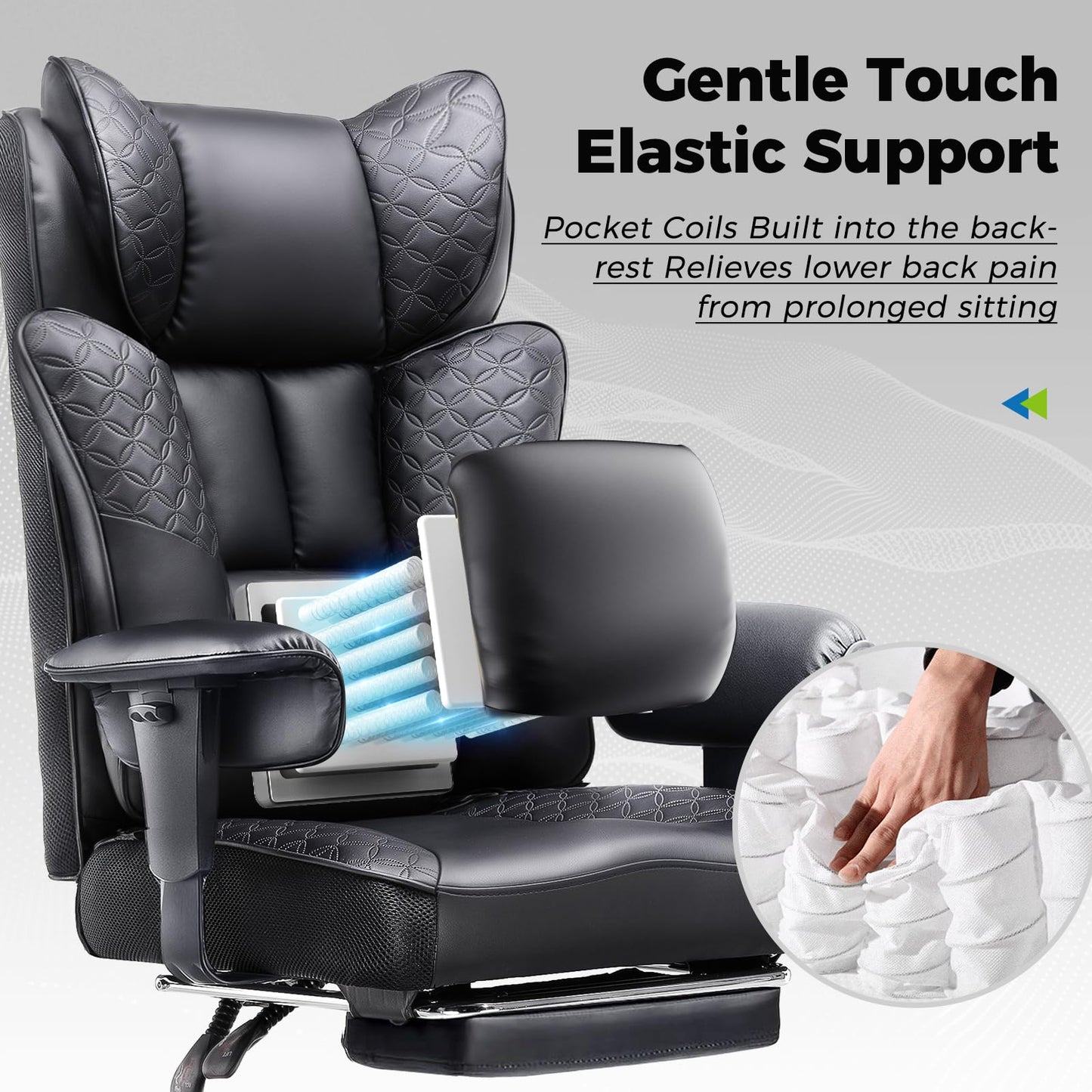 GTPLAYER Big and Tall Office Chair 400LBS Wide Ergonomic Gaming Chair with Deluxe Embossing Designed Leather with Foot Rest,150°Reclining Adjustable Soft Armrests Pocket Spring Back Support and Pillow