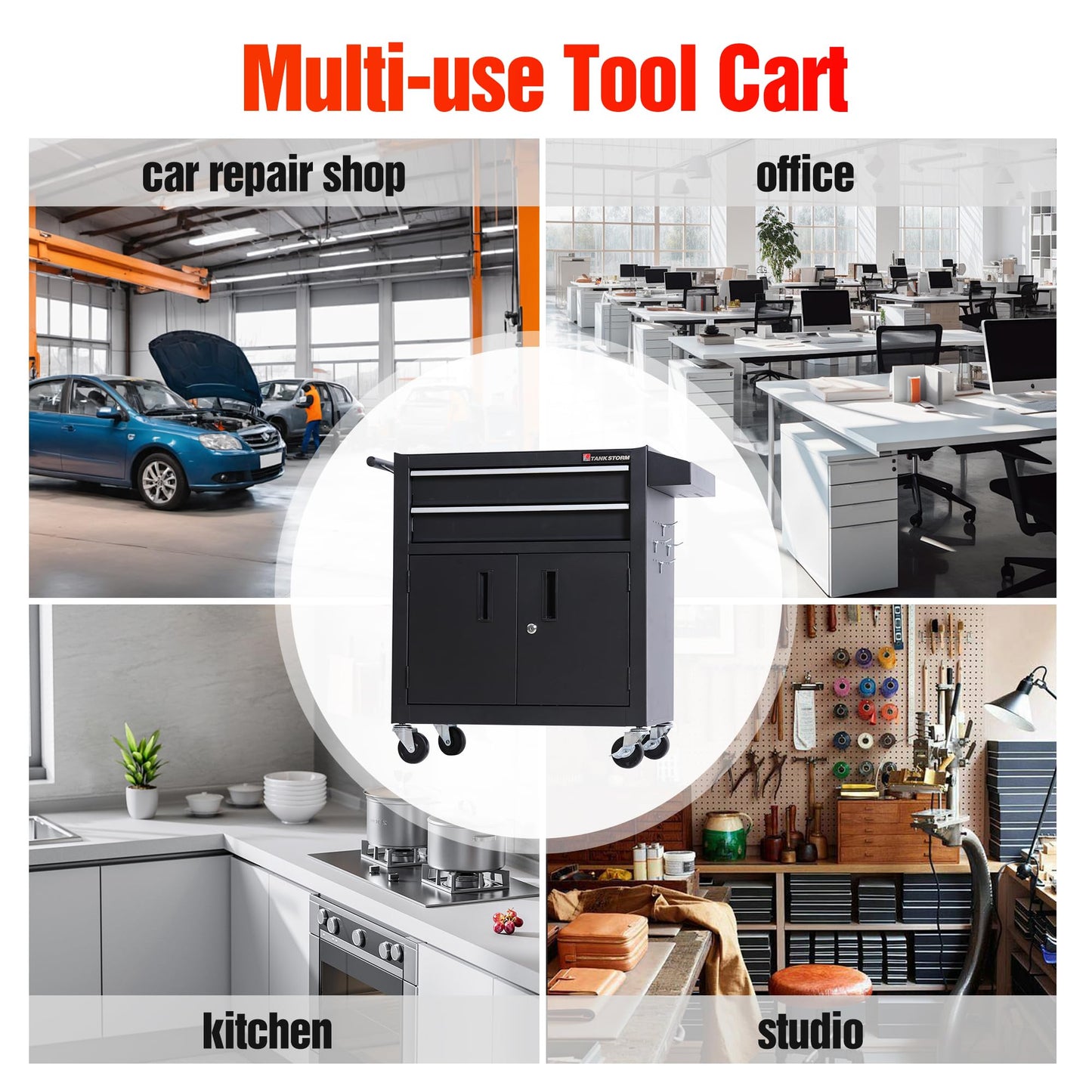 TANKSTORM Tool Chest Heavy Duty Cart Steel Rolling Tool Box with Lockable Doors (TZ12 Black)