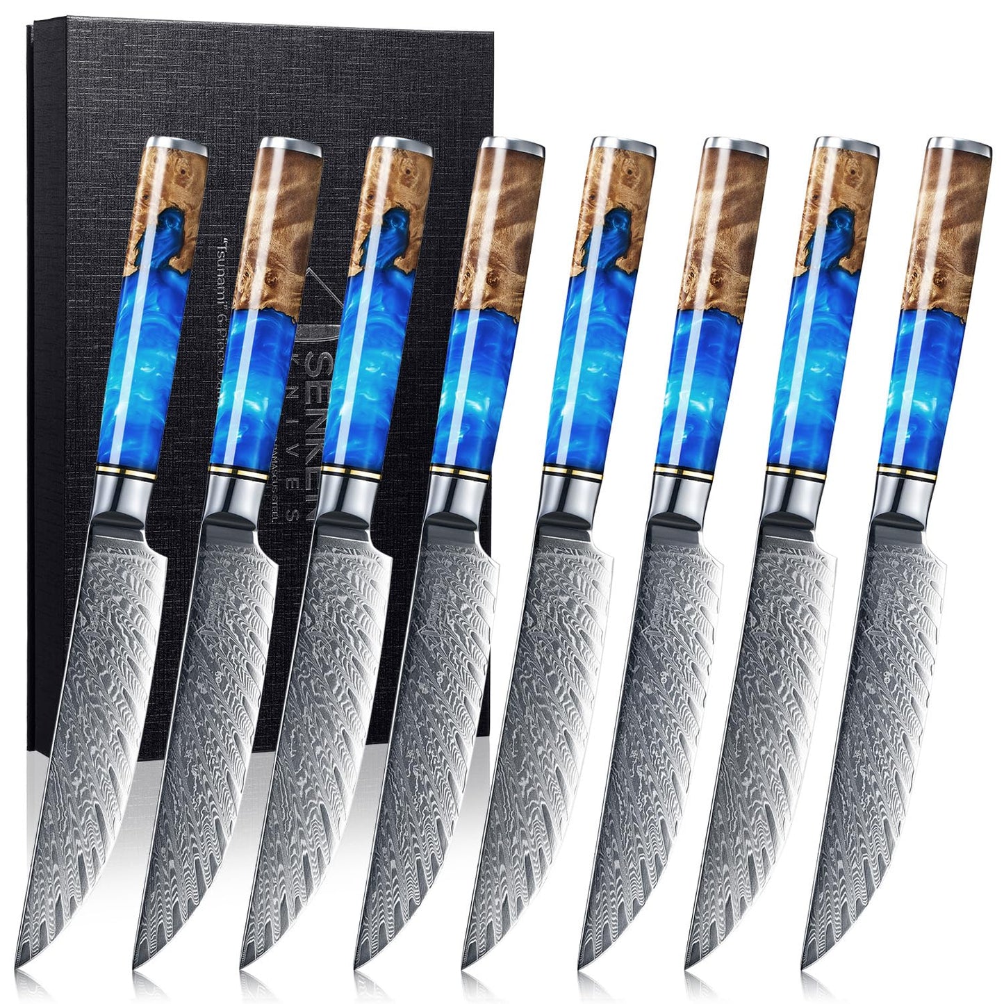 SENKEN Damascus Steak Knife Set - Tsunami Collection - 67-Layer Japanese VG10 Steel - Razor Sharp Non-Serrated Blades, Blue Resin & Natural Wood Pattern Handles, Luxury Gift Box (8 Steak Knife Set)
