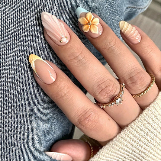 IMSOHOT Press on Nails Medium Almond, Blue Yellow French Nail Tips, Full Cover Handmade Acrylic False Nails with 3D Flower Designs, Reusable Fake Nails for DIY Manicure in 24 Pcs