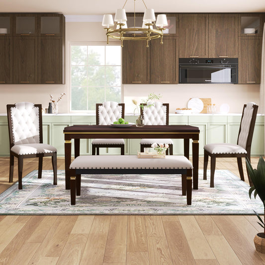 Merax 6-Piece Solid Wood Dining Table Set, Modern Elegant 60" Rectangular with 4 High-Back Tufted Upholstered Chairs + 1 Bench for Kitchen Room, Espresso