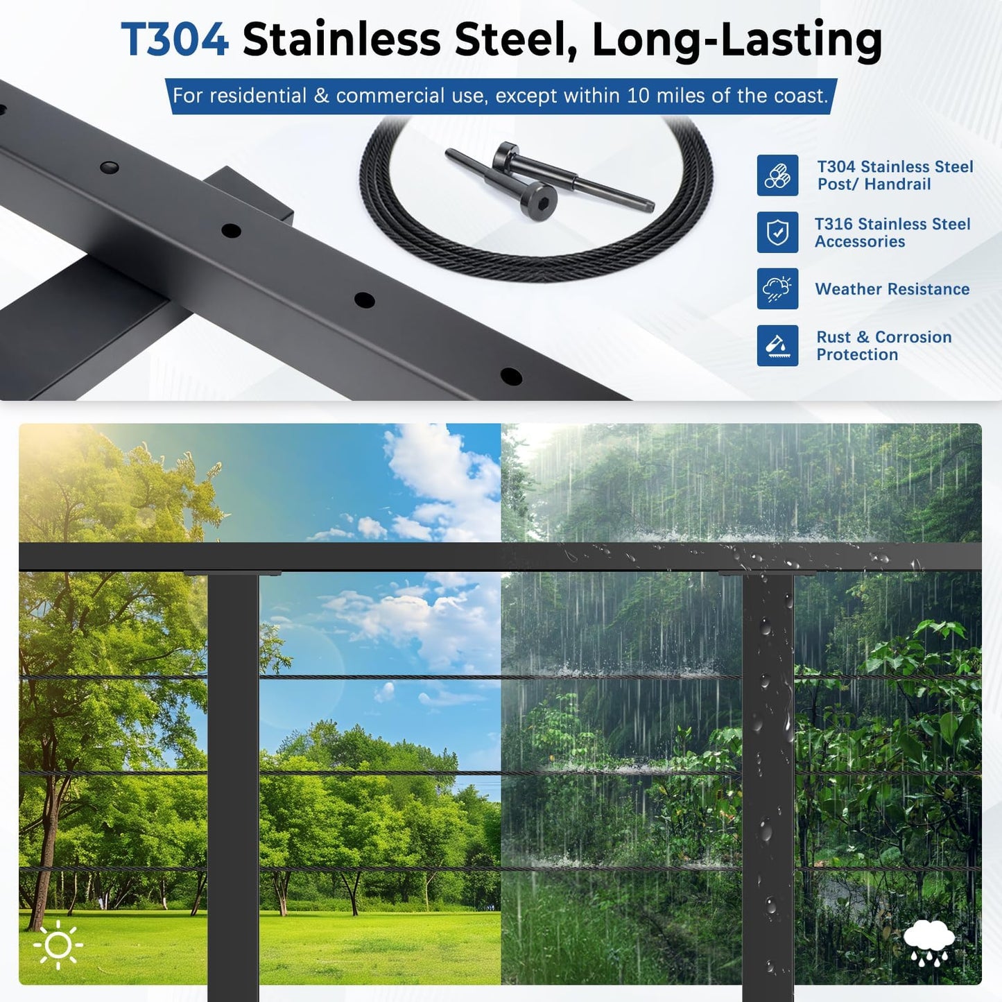 Zylorix 42" 8ft-12ft T304 Stainless Steel Swage Cable Railing Post Kit with Handrail Cuttable, Matte Black Level Cable Railing System with 1/8" Cable Railing Hardware for Outdoors Decks(Not Coastal)