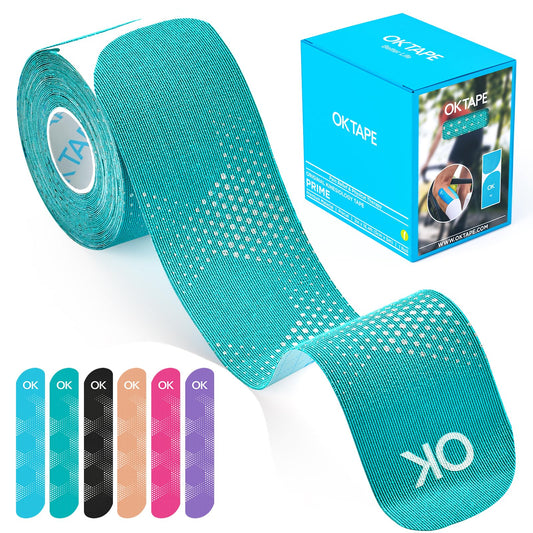 OK TAPE Synthetic Kinesiology Tape Precut Strips, Waterproof Elastic Athletic Tape for Pain Relief & Muscle Support, Reflective Design, 2in×16.4ft Roll, 20 PCS -Cyan