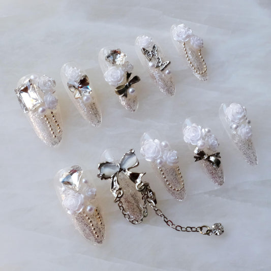 GLORS Luxury Long Almond Press-On Nails, 3D White Roses with Silver Glitter, Pearl and Rhinestone Decorations, Handmade False Nail 10 Pieces (Small, LS)