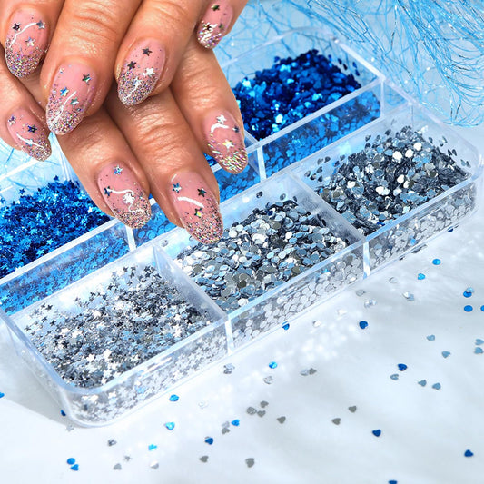 Summer Nail Glitters 6-Grid 1mm Mini Blue Silver Nail Glitter Flake Kit, Mini Mixed Glitter Mail Art, 3D Holographic Sparkly Heart Star Round Design Nail Sequins Paillette for Women Manicure DIY Decor