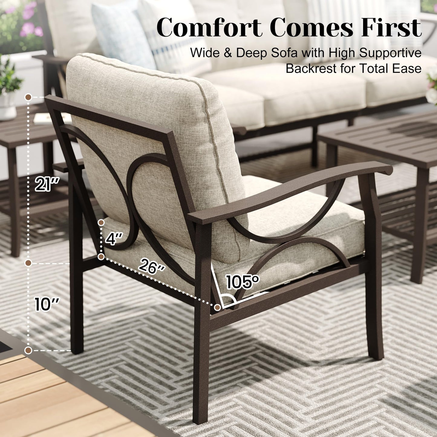 FansaFurn 6-Piece Outdoor Patio Furniture Set, Outdoor Metal Sectional Furniture with Cushions, Outdoor Conversation Seating Set with Side Table for Deck, Backyard, Garden, Balcony, Khaki