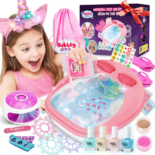 Glow in Dark Kids Spa Day Kit for Girls, 42+ Pieces Waterfall Foot Spa Toys, Nail Spa Kit, Pedicure Manicure Accessories, Perfect Spa Kit for Girls Ages 6 7 8 9 10 11 12, Fun Birthday Gifts or Present