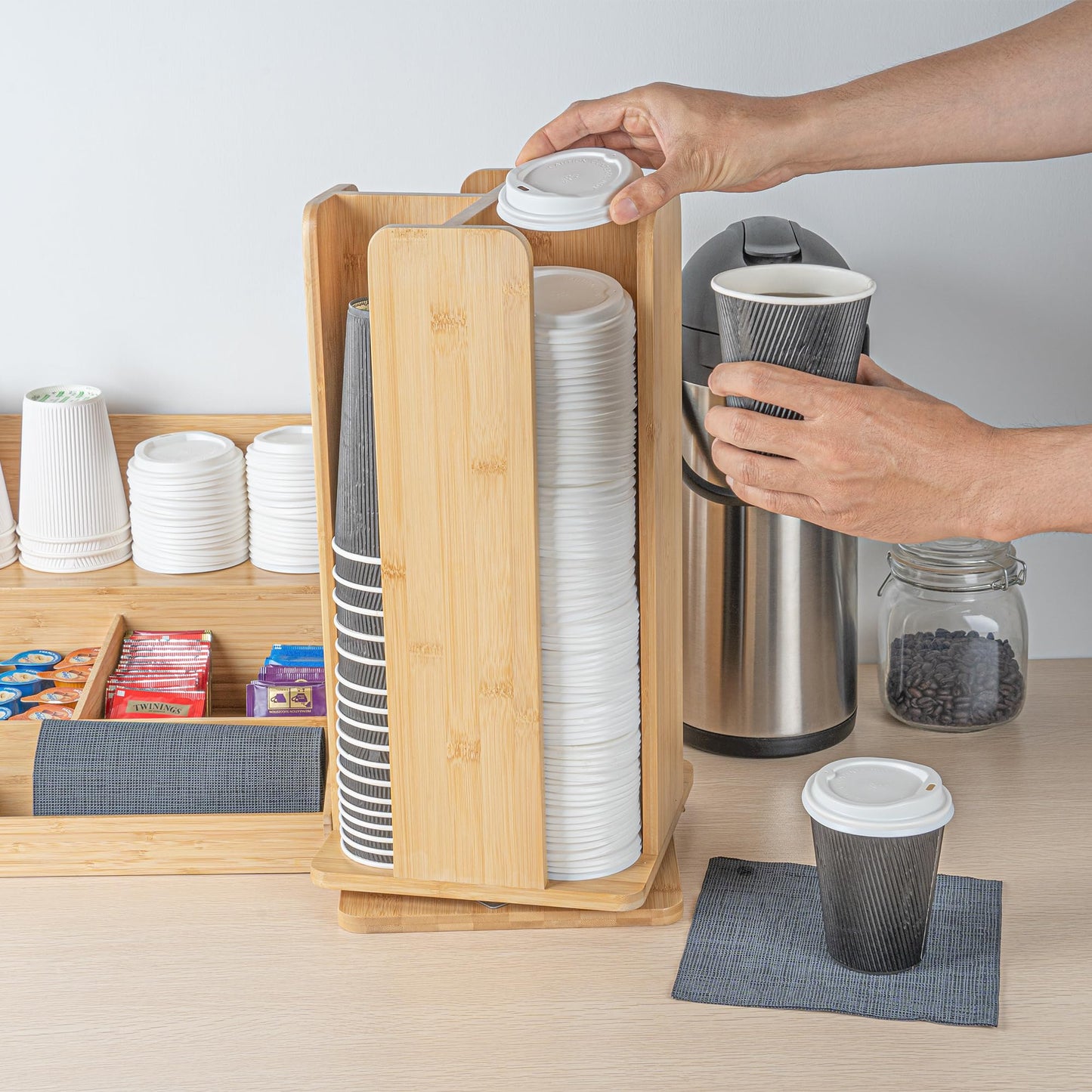 Restaurantware Restpresso 9 x 18 Inch Coffee Cup and Lid Organizer 1 Revolving Cup and Lid Holder - 4 Section Countertop Natural Bamboo Cup and Lid Dispenser For Restaurants Homes or Offices