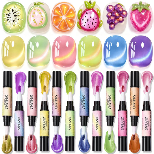 SAVILAND Jelly Cat Eye One Step Nail Polish Pen : Nails Polish Kit Beginner Friendly Easy Twist Dispensing Portable 3 in 1 Nail Art Kit Easy Application Salon Quality Home Use 12 Colors 4ml