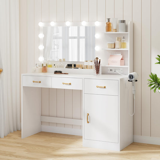 GarveeHome Vanity Desk with Mirror and Lights, Makeup Vanity with Power Outlet & 11 LED Bulbs, White Dressing Table with 3 Drawers and Storage Shelves, Modern Makeup Table for Bedroom, Standalone