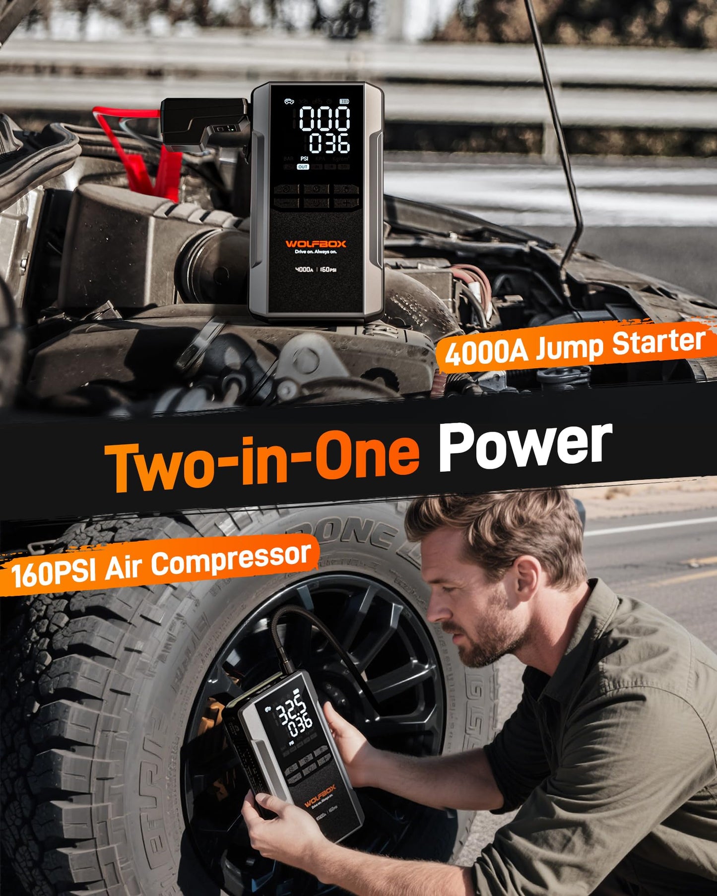 WOLFBOX 4000A Jump Starter with 160PSI Air Compressor & X3 Dash Cam