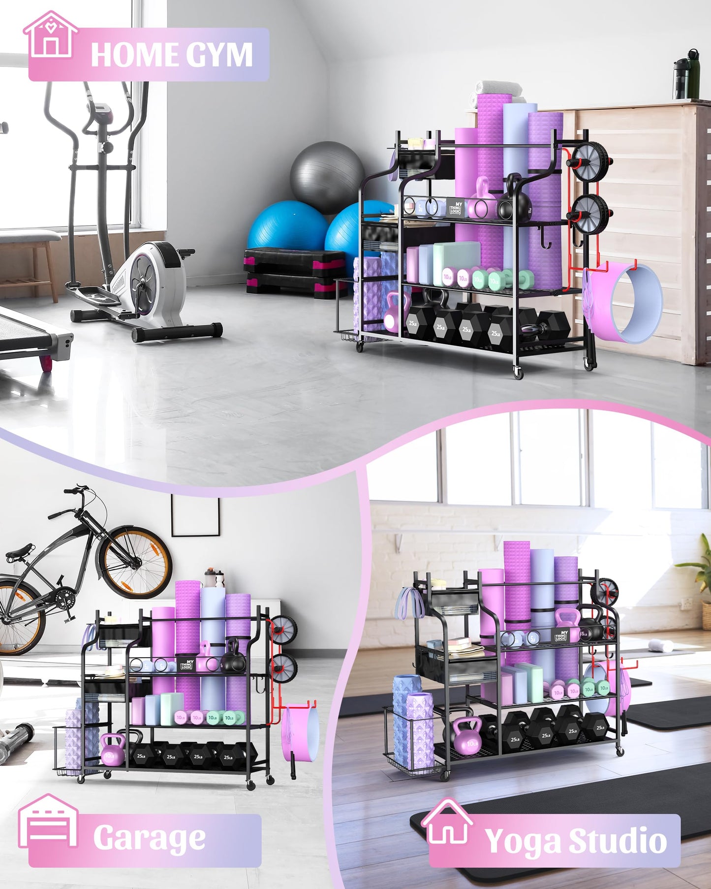 Mythinglogic Weight Rack for Dumbbells, Home Gym Storage for Yoga Mat Dumbbells Kettlebells and Strength Training Equipment, Dumbbell Rack with Wheels and Hanging Hooks (Black)