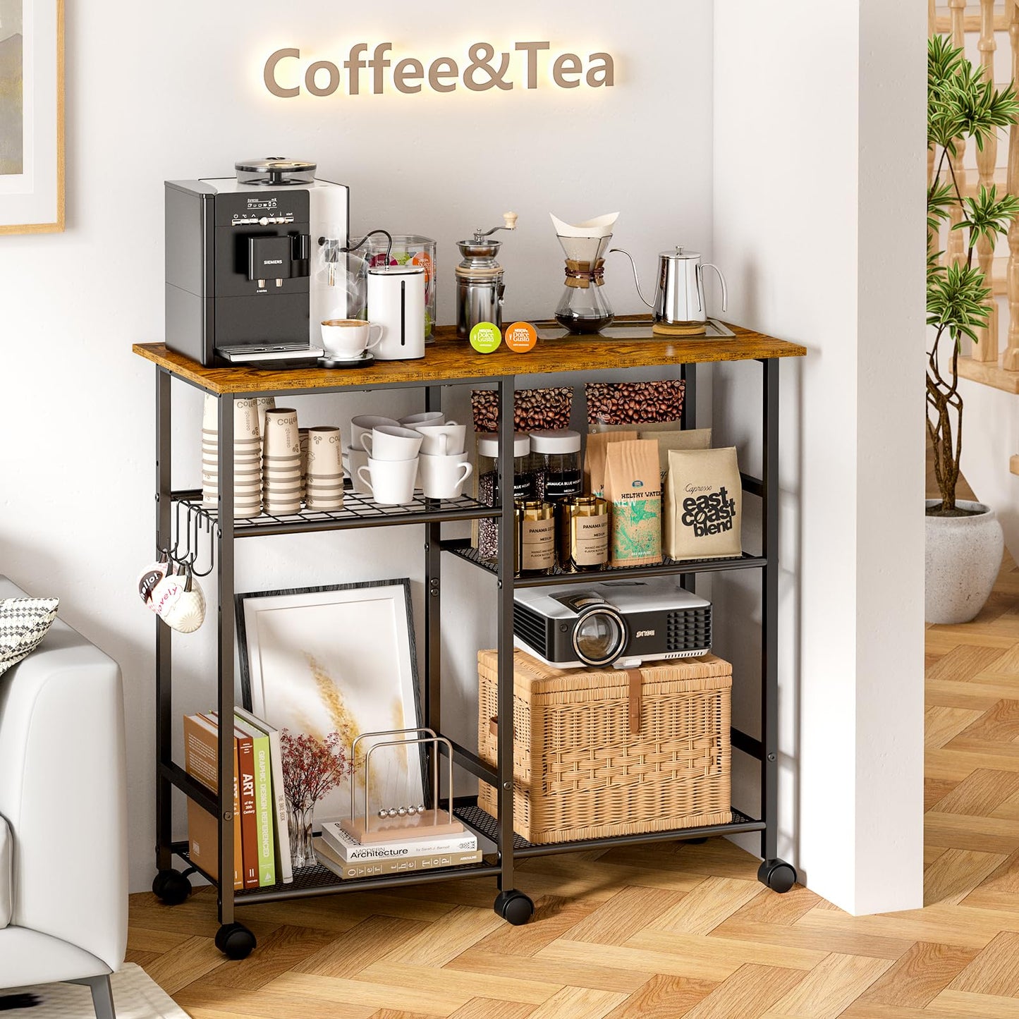 ThreeHio Rolling Kitchen Microwave Cart, 3-Tier Microwave Stand with Adjustable Shelf, Kitchen Storage Cart on Lockable Wheels, Coffee Bar Baker's Rack Organizer Shelf for Living Room, Office, Balcony