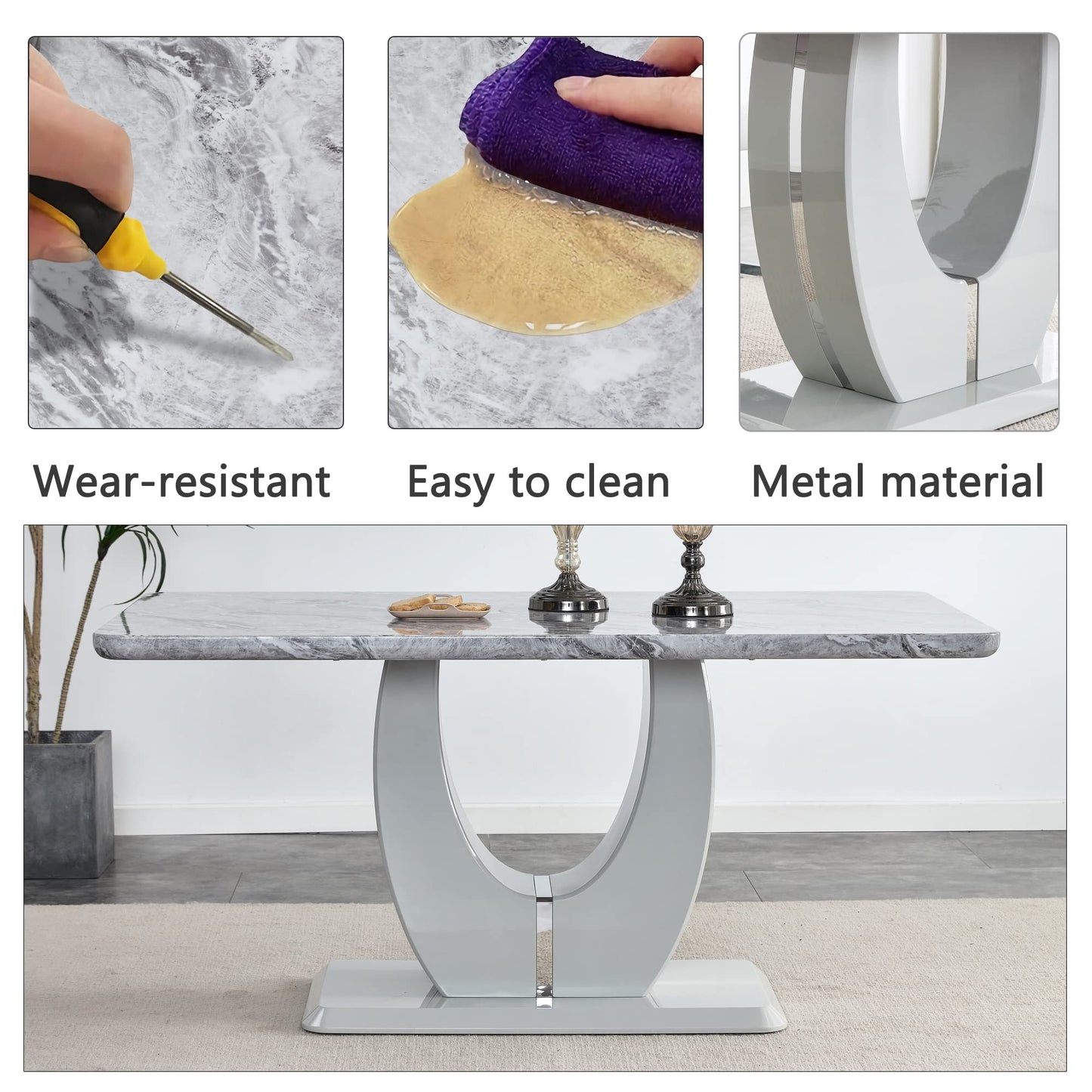 JUFU 63" Faux Marble Dining Table for 6, Modern Rectangular Kitchen & Dining Room Table, Gray Marble-Look MDF Top, U-Shaped Pedestal Base, Easy Assembly