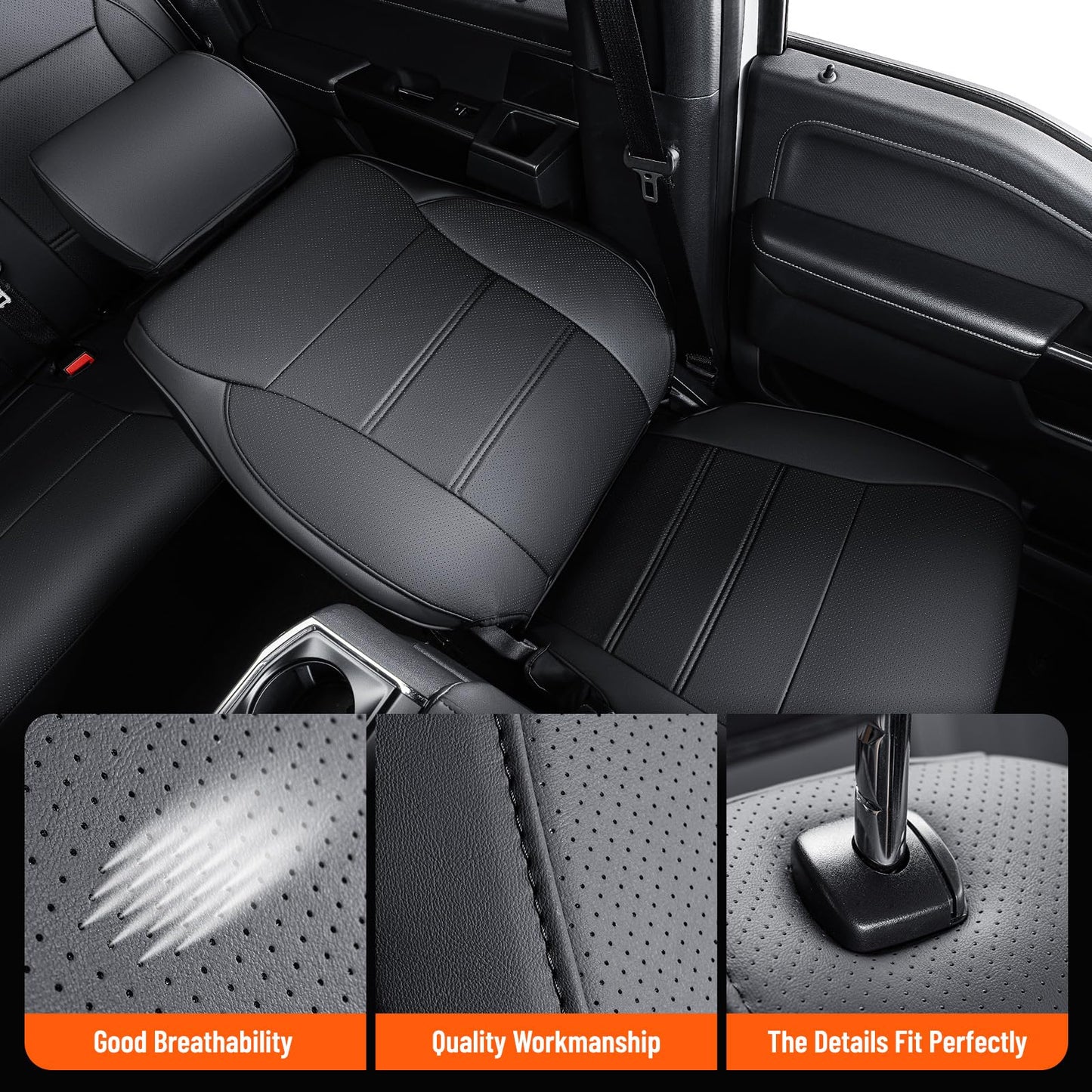 DrCarNow for Ford F150 Seat Covers 2015-2023 2024 2025, Full Set Custom Fit Leather Car Seat Covers, Waterproof Pickup Truck Accessories for SuperCrew/CrewCab 1st Row Bucket Seats (XL, XLT), Black