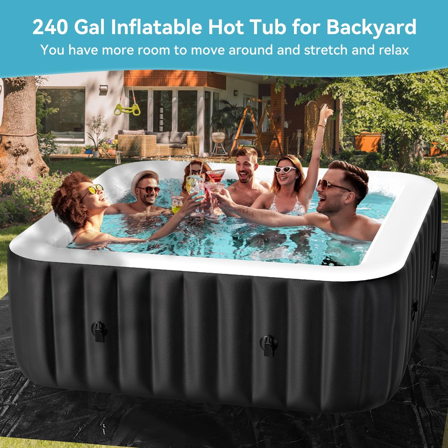 Inflatable Hot Tub, 240 Gal Large Square Portable Blow Up Hot Tub, 4-6 Person Leak-Proof PVC Outdoor Spa with 120 Air Jets, Heater Pump and Insulated Cover, 73x25 Inch