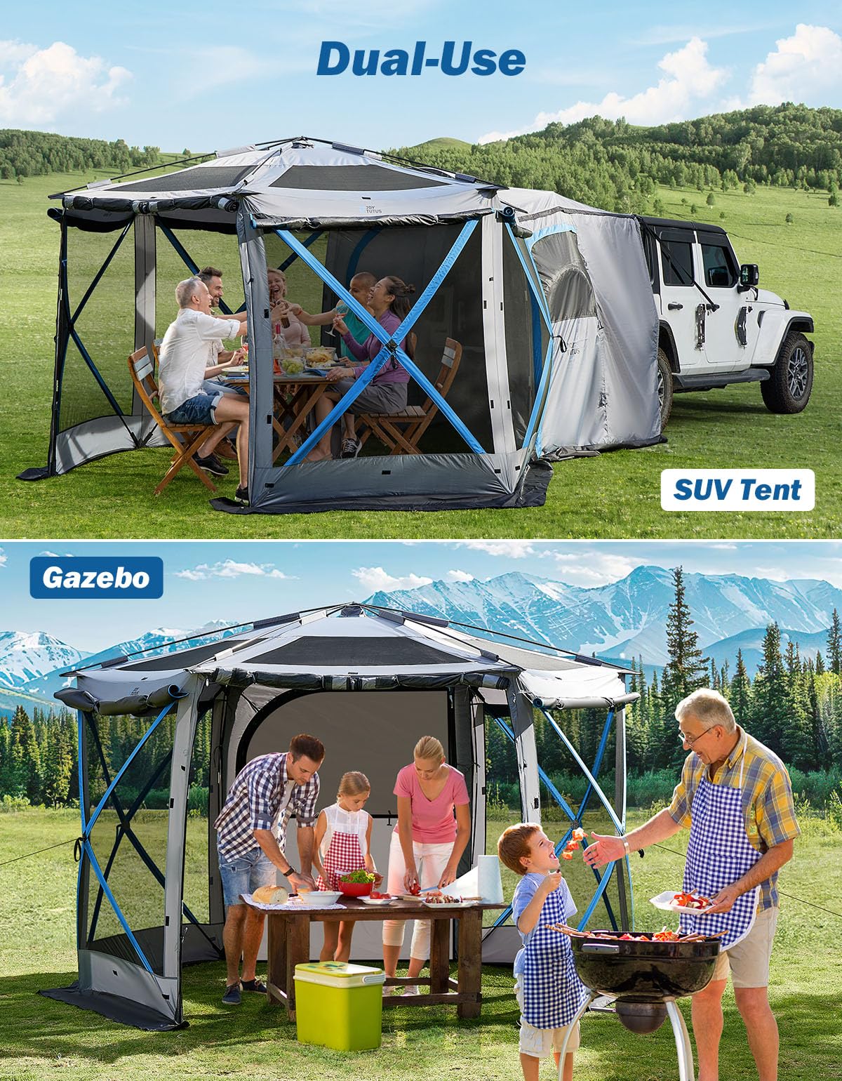 JOYTUTUS Dual-Use Pop up SUV Tent for Camping, 11x11 FT Outdoor Gazebo, SUV Tailgate Tent for Family Vehicle Camping, Canopy Shelter Portable Carry Bag, Gray Blue
