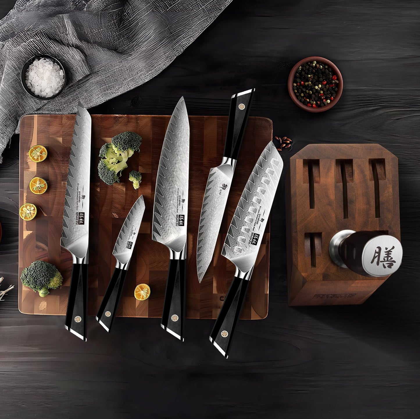 SHAN ZU Damascus Kitchen Knife Set, 7-Piece Professional Knife Sets for Chefs, Japanese 10Cr15CoMoV Super Steel With G10 Handle Knife Block Set, GYO Series