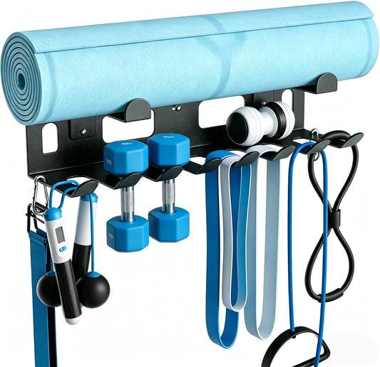 Heavy-Duty Metal Gym Storage Rack, Wall-Mounted Multi-Purpose Home Gym Organizer for Yoga Mat, Resistance Bands, Jump Ropes, Weight Belts - Space-Saving Garage Gym Storage with Removable Hooks