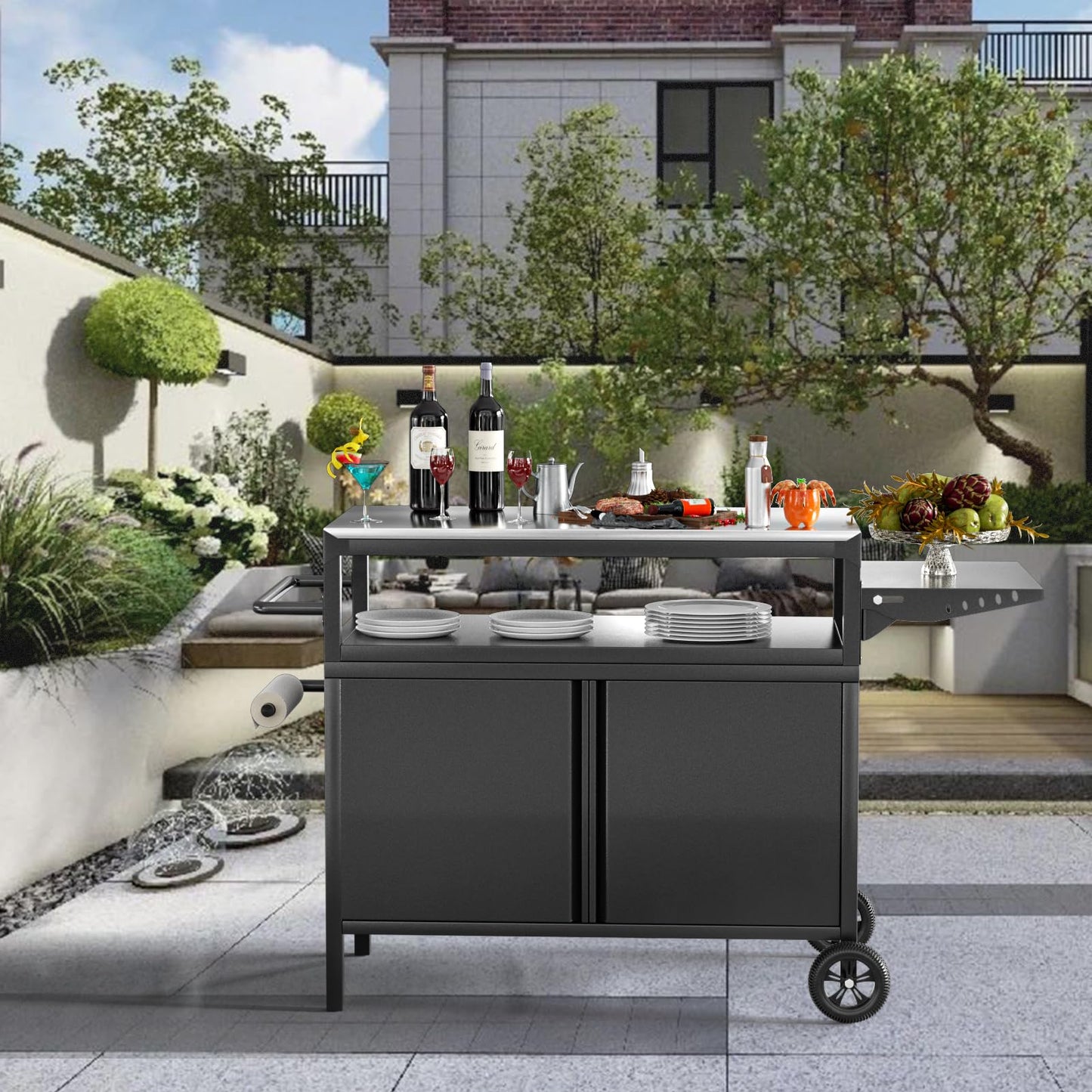 MUHYHY Outdoor Grill Table with Storage, Movable Outdoor Grill Cart, Stainless-Steel Tabletop Outdoor Kitchen Island, Patio Kitchen Island BBQ Cart with Wheels for Home BBQ Backyard Party