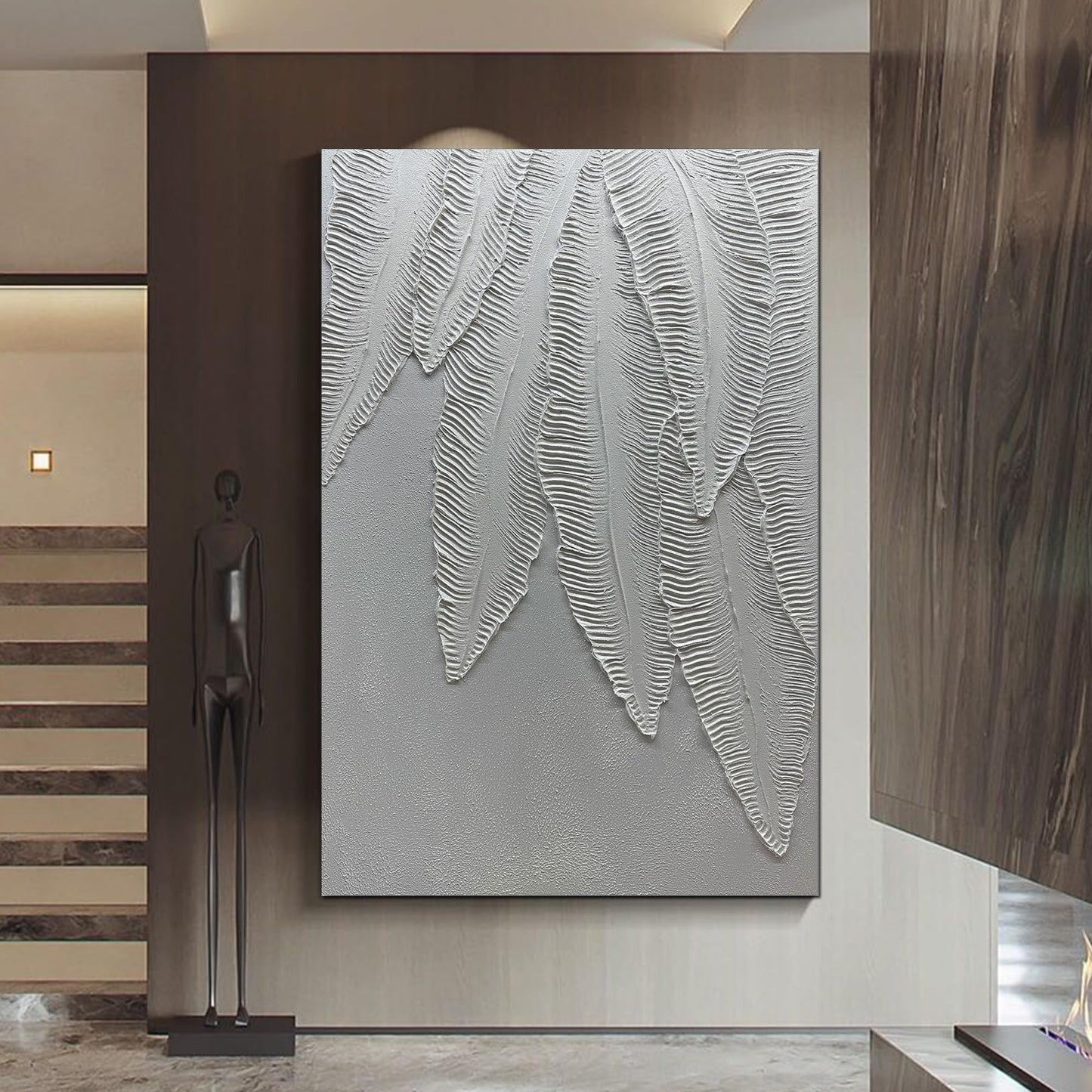 Art8YuQi Paintings - Contemporary Abstract Art leaf Oil Painting On Canvas Texture 3D White Painting Plantain Handmade Artwork Picture Canvas Wall Art Modern Home Decor living room Ready to Hang 24x36inch (36x24 inch) (AQ053, 24X36 inch)