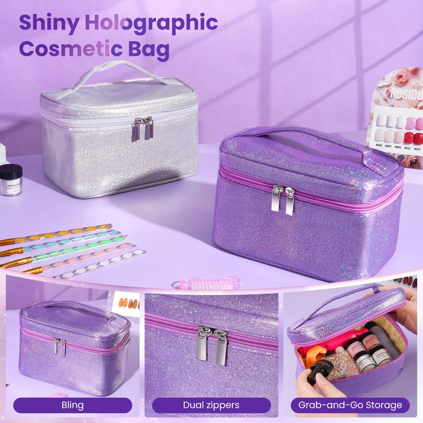 Nail Kit for Beginners with Everything: Professional Nails Kit Acrylic Set with Practice Finger Drill U V Light Acrylic Powder Liquid Decorations in Makeup Bag for Women Salon (Bling Purple)