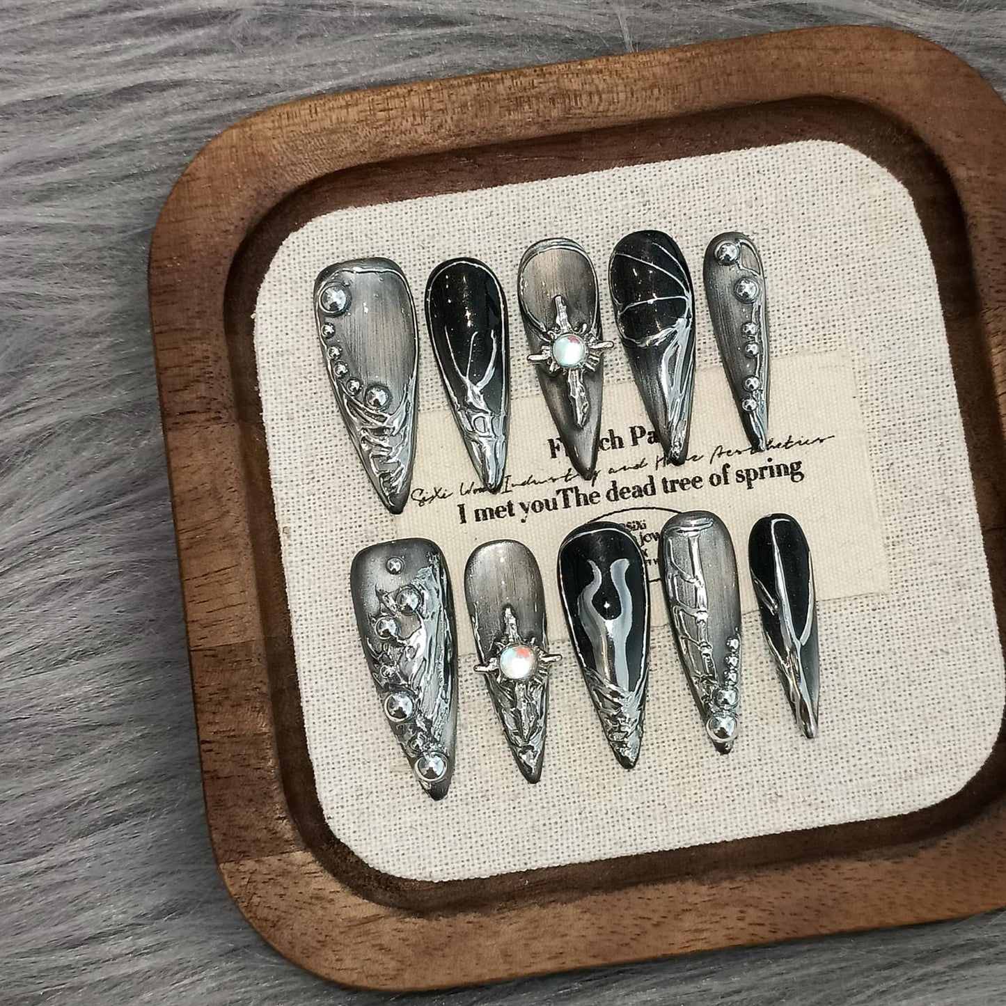 TENPAL Cat Eye Black & Mirror Powder Gradient Obsidian Press on Nails Long Stiletto,Hand-Painted Butterfly & Meteor Designs Fake Nails with Tools,3D Crystal Gothic Punk Nail Kit with Tools 10pcs(S)
