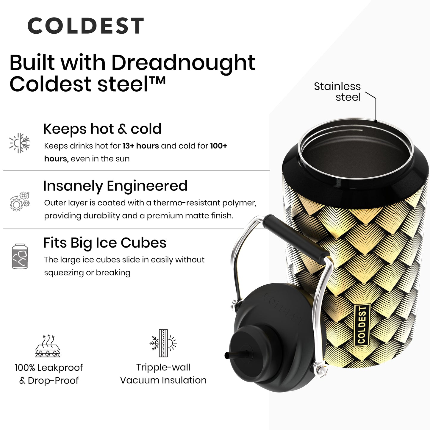 Coldest 128 oz Tumbler with Handle and Straw - 100% Spill Proof Tumbler with Straw (3 Lids) - Stainless Steel Insulated Leakproof Tumblers for Women & Men - Cup Holder Friendly - 128 oz (Gold Dragon)