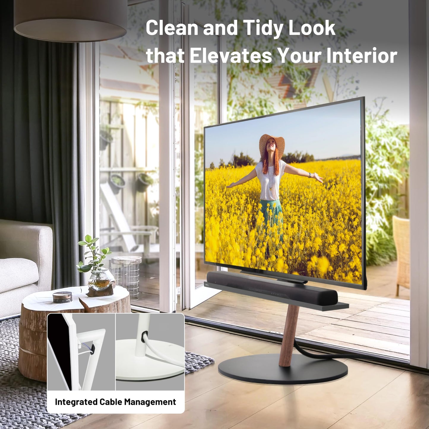 WALL Seven Stand A2 Large | Rolling TV Stand for 45–80" w/ 37.4" Soundbar Shelf | Satin White | Portable TV Stand with Shelf | Height Adjustable, Space Saving, for Living Room and Bedroom