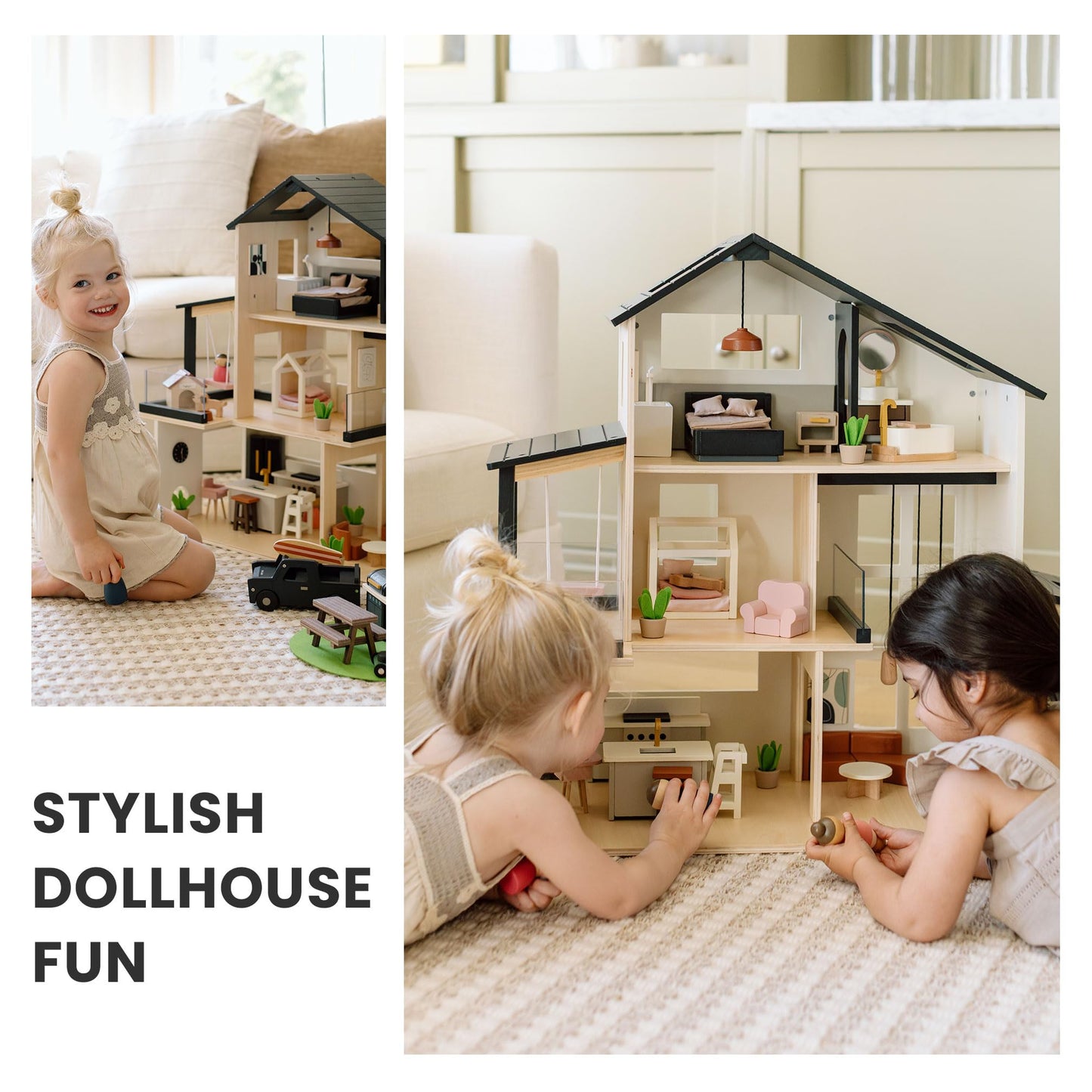 Tiny Land Doll House, Modern Family Dollhouse with Realistic Design, Wooden Dollhouse with 53Pcs Furniture - Ideal Gift for Kids Ages 3+