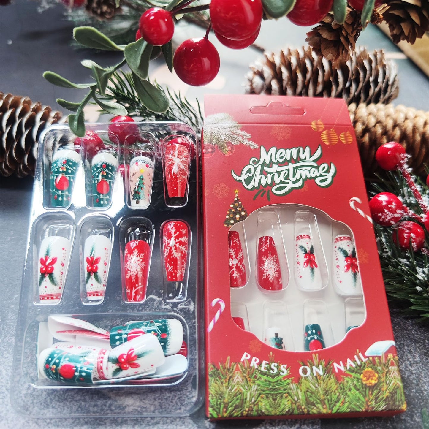 Christmas Press on Nails Christmas Tree Gel Glue on Nail 24Pcs Xmas Bell Medium Coffin False Nails Glossy White Snowflake Acrylic Fake Nail Holly Stick on Fingernails for Women Xmas Gift