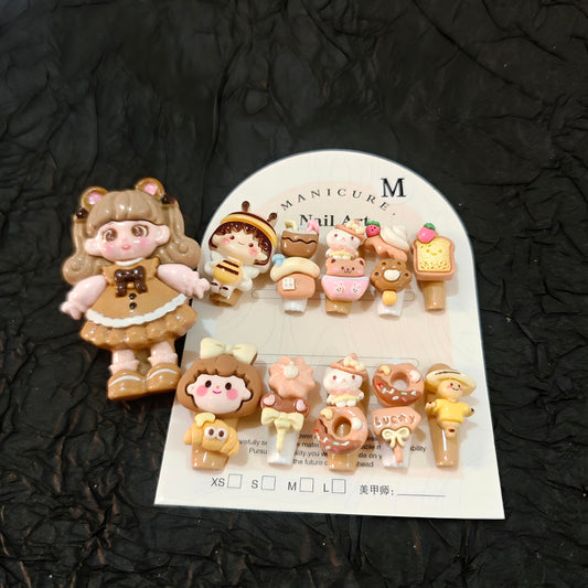 11Pcs(1Pack) Handmade Press On Nails Long Square Nails with Ring 33mm Little Cream Nails for Women Party Daily Wear Size M