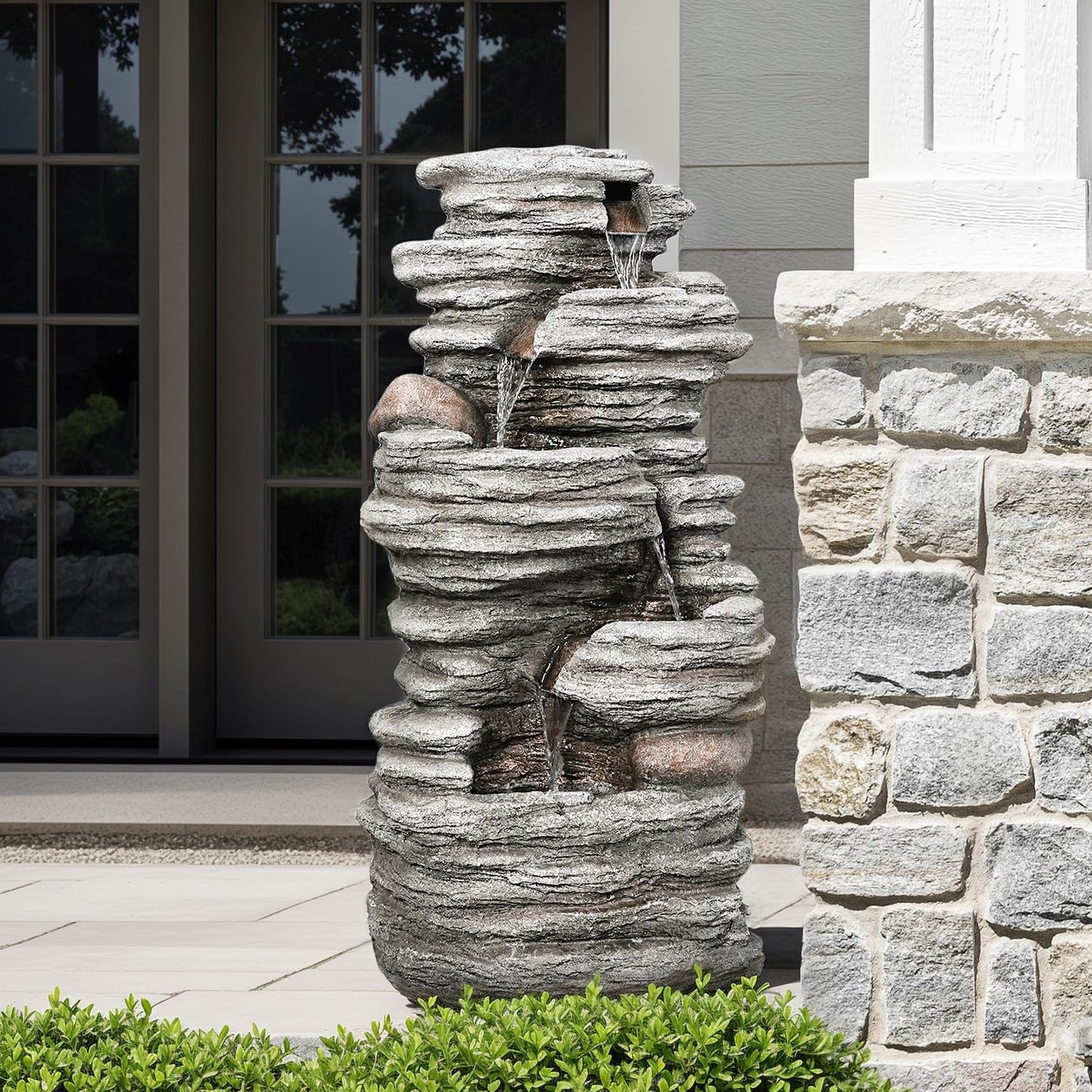 Jocoevol 40" Outdoor Water Fountain with LED Lights - 5-Tier Cascading Rock Waterfall Fountain, Natural Rock Look, Ideal for Garden, Landscaping, Patio, Balconies and Yard Decor