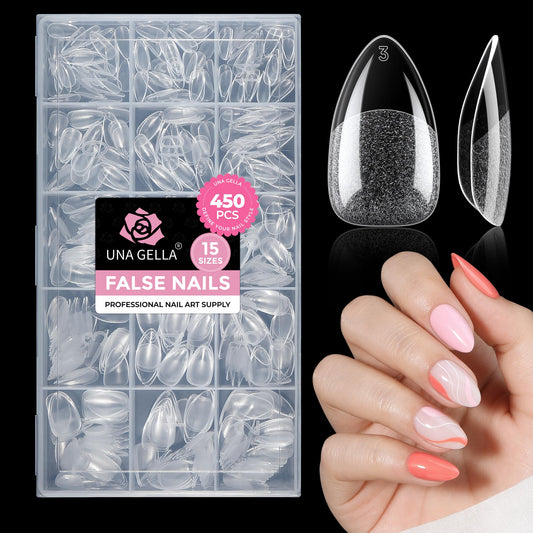 UNA GELLA Short Almond Nail Tips: 450PCS Short Fake Acrylic Nail Tips 15 Sizes Soft Pre-shape Press On Nails Almond For Full Cover Nails Extension Home DIY Salon