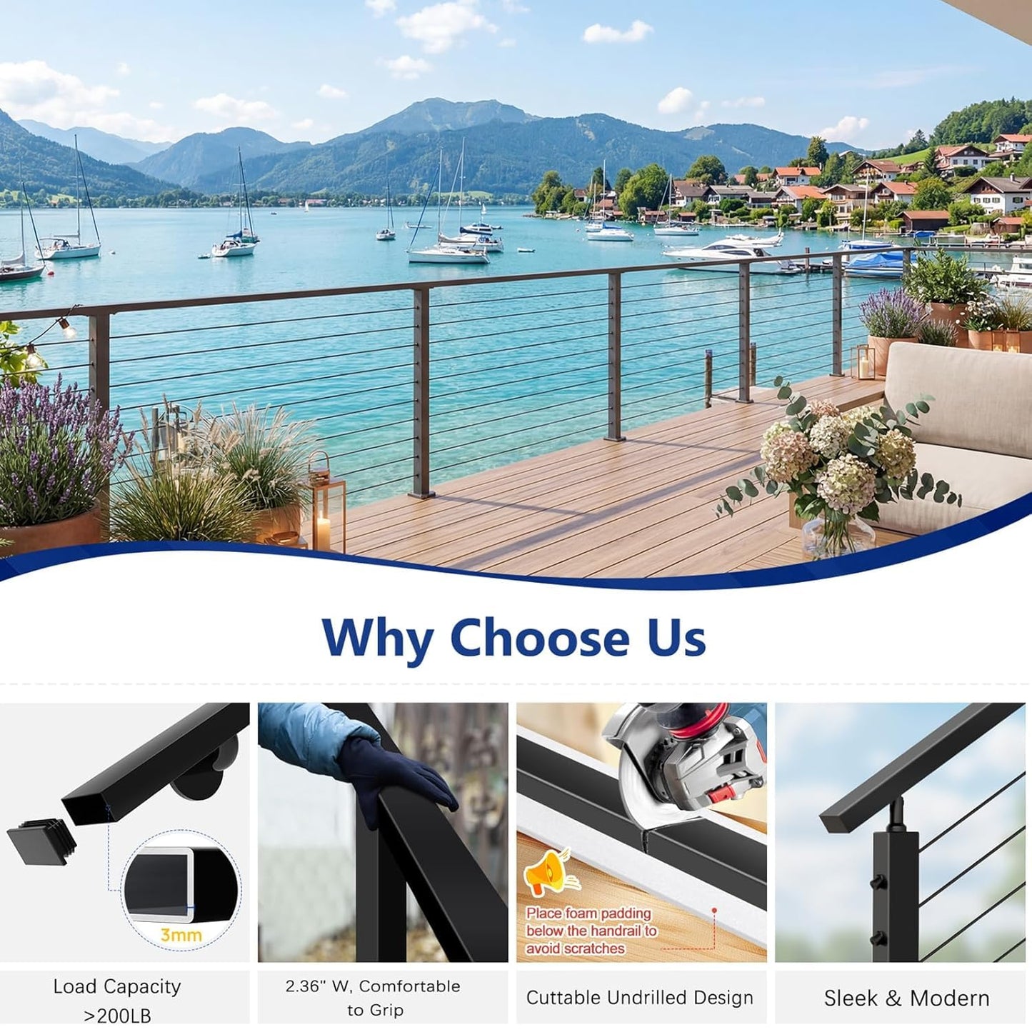Zylorix 3Pack Modular 12FT Aluminum Black Handrail for Lake House Deck Railing, 2.36" W X 1.18" H Cuttable Rectangular Flat Top Hand Rail for DIY Outdoor Deck Stair Cable Railing(Screws Included)